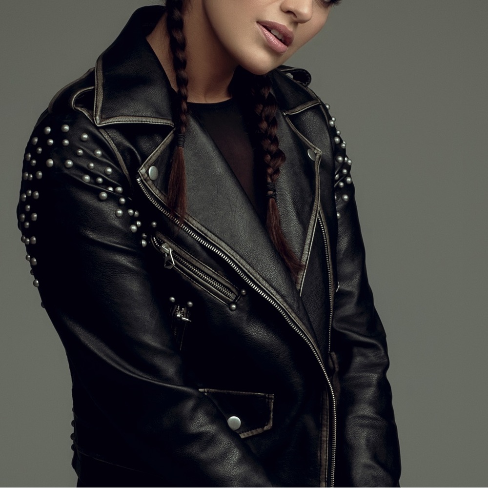 Faux leather jacket w/studs
